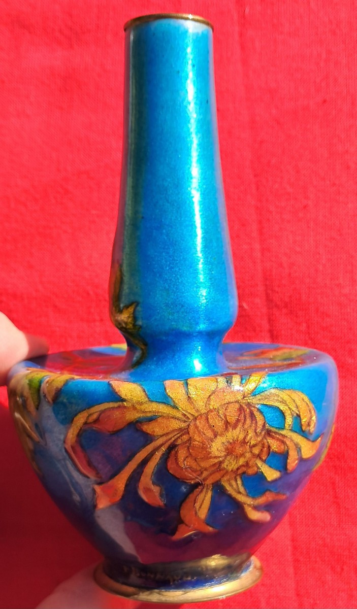 Vase émail Paul BONNAUD LIMOGES Art Nouveau 1900 bleu fleurs chrysanthème émaux japonisme japon