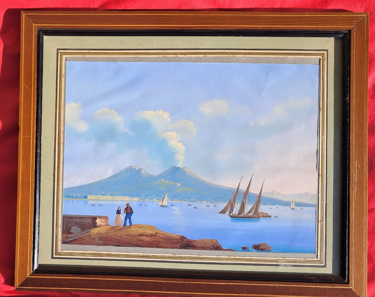 Paire de gouaches Napolitaines Italie Vésuve Naples Antiquité Paestum temple Grec Grand Tour -photo-3