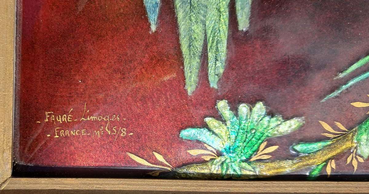 Grand émail Limoges Camille FAURE oiseau exotique Perroquet fleurs plaque d'Argent Limousin -photo-3