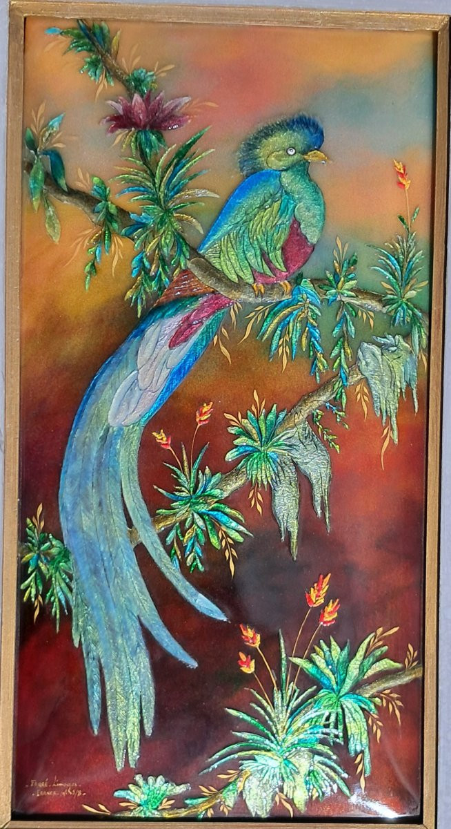 Grand émail Limoges Camille FAURE oiseau exotique Perroquet fleurs plaque d'Argent Limousin -photo-4