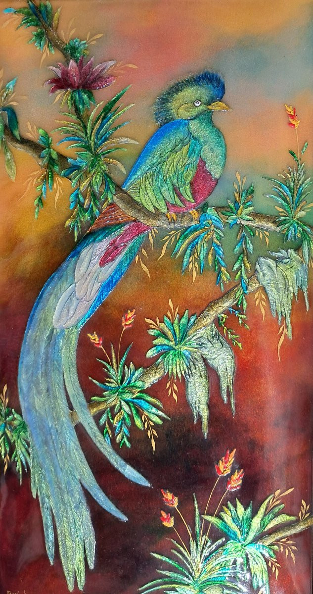 Grand émail Limoges Camille FAURE oiseau exotique Perroquet fleurs plaque d'Argent Limousin -photo-1