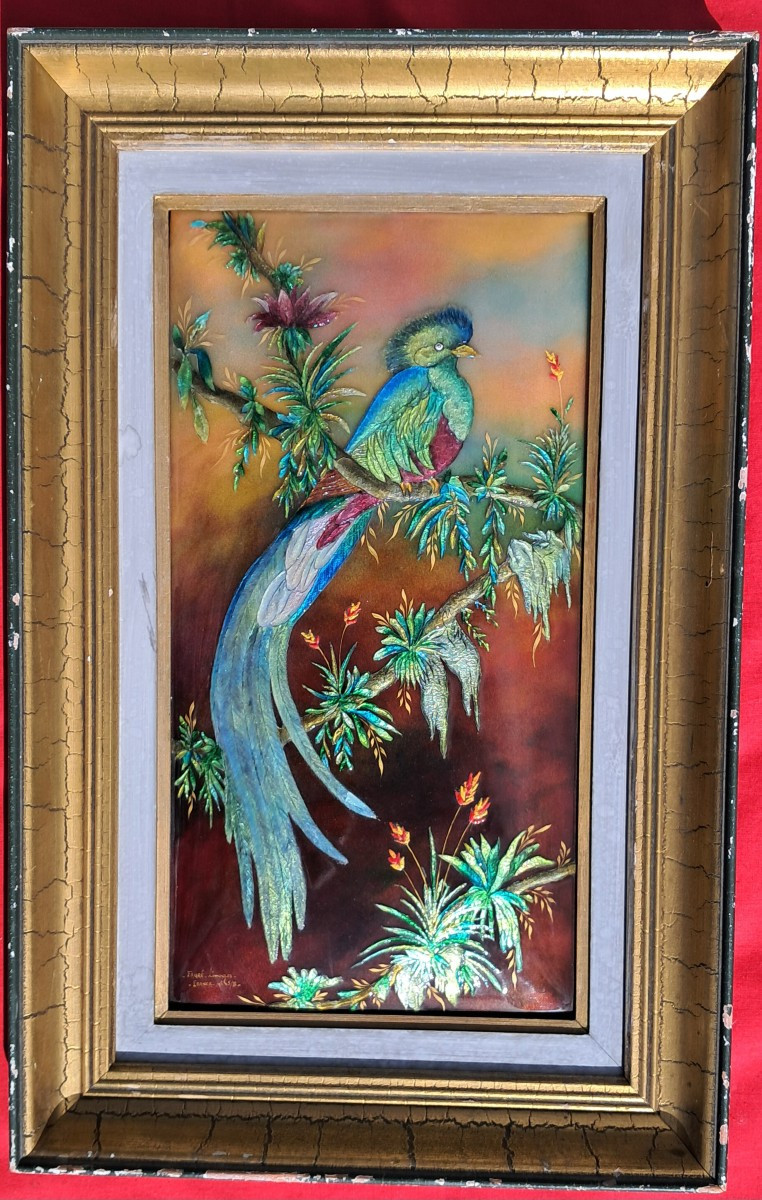 Grand émail Limoges Camille FAURE oiseau exotique Perroquet fleurs plaque d'Argent Limousin 