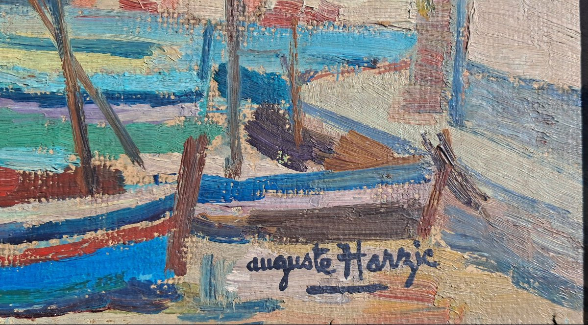 Tableau huile années 70 Auguste HARZIG PORT Marine CADAQUÉS ESPAGNE BENEZIT Dali CATALOGNE -photo-3