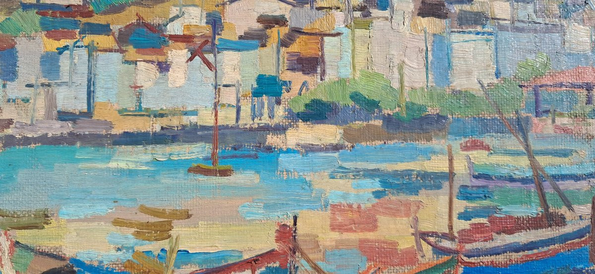 Tableau huile années 70 Auguste HARZIG PORT Marine CADAQUÉS ESPAGNE BENEZIT Dali CATALOGNE -photo-3