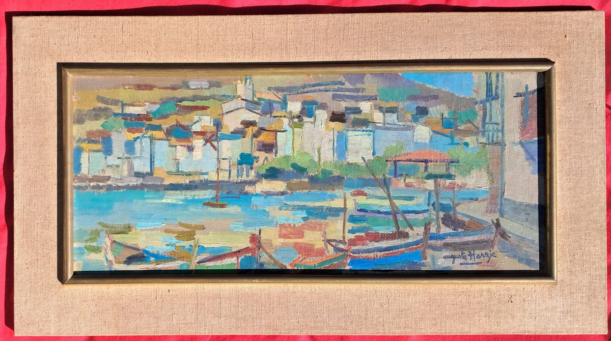 Tableau huile années 70 Auguste HARZIG PORT Marine CADAQUÉS ESPAGNE BENEZIT Dali CATALOGNE -photo-4