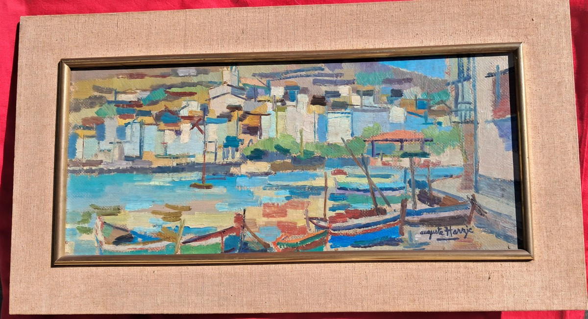 Tableau huile années 70 Auguste HARZIG PORT Marine CADAQUÉS ESPAGNE BENEZIT Dali CATALOGNE 