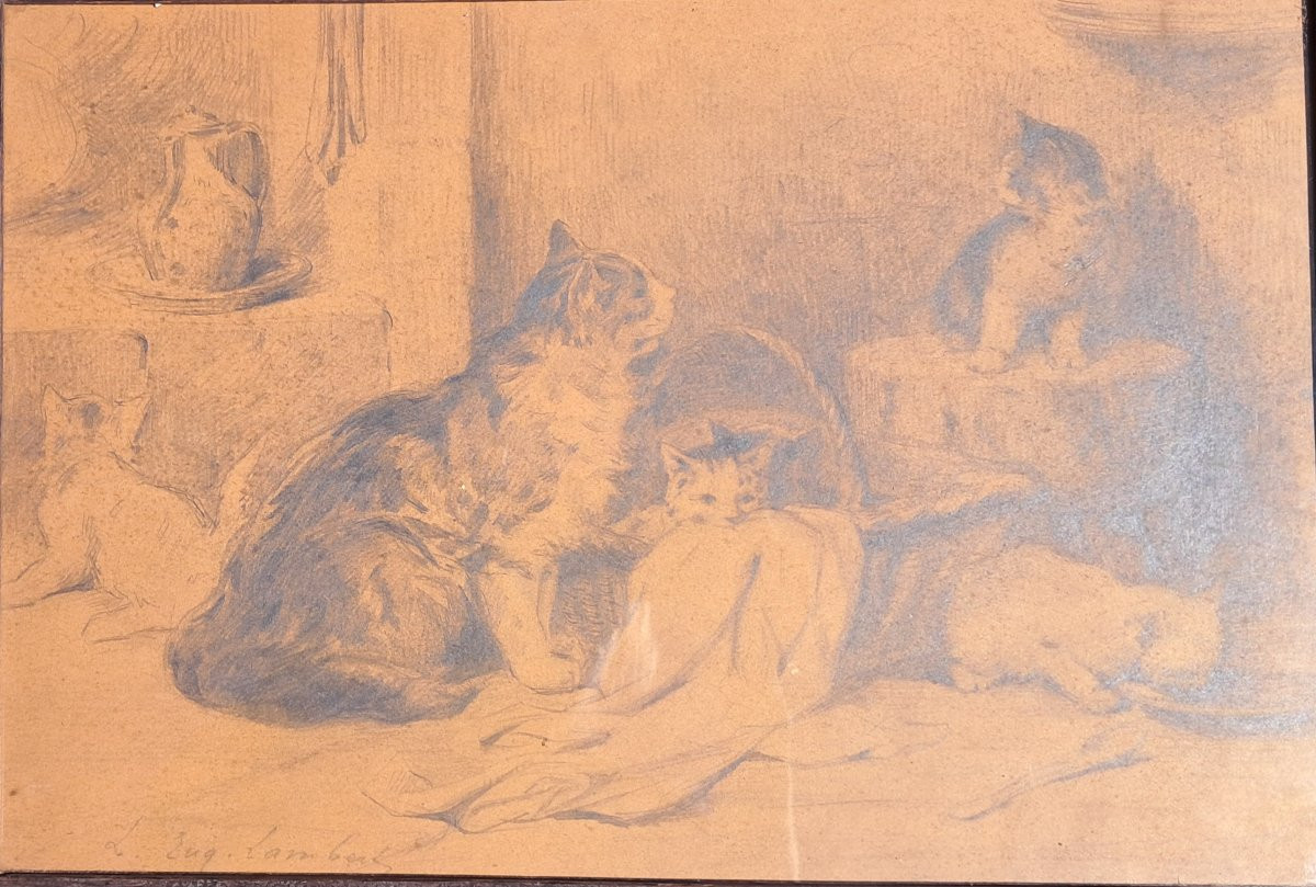 Dessin Chats chatons Louis Eugène LAMBERT XIXe 19e animaux animal BENEZIT  -photo-3
