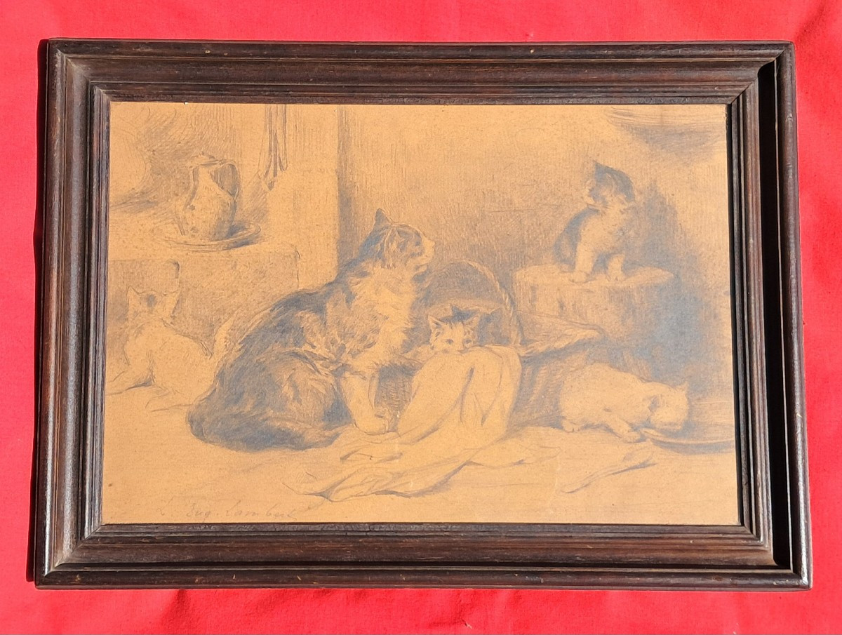 Dessin Chats chatons Louis Eugène LAMBERT XIXe 19e animaux animal BENEZIT  