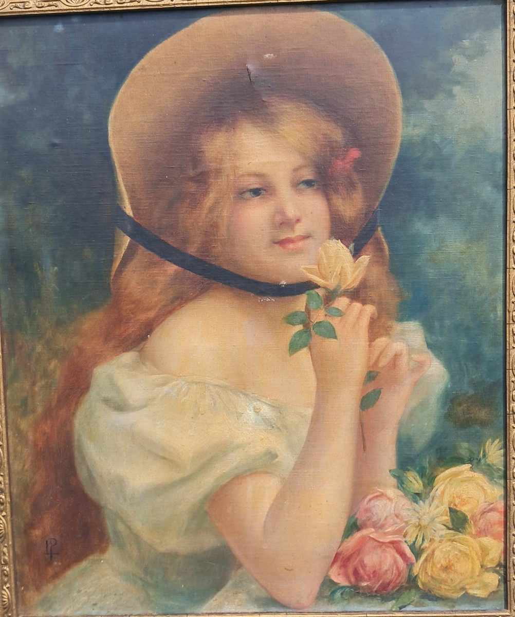 Art Nouveau Portrait Painting Of An Elegant Blonde/redheaded Young Girl With Roses And Flowers,-photo-2