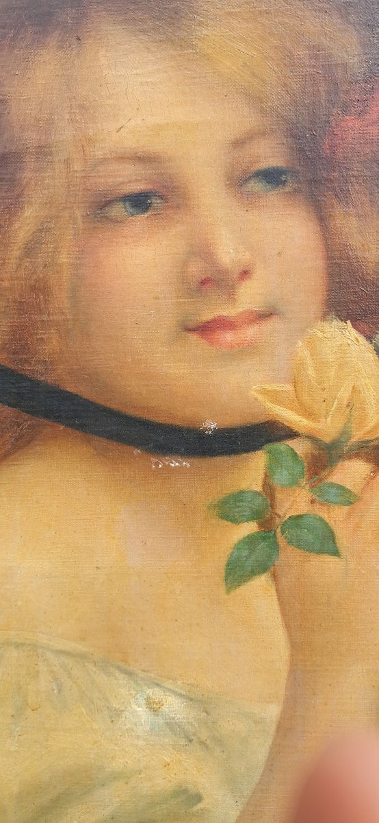 Art Nouveau Portrait Painting Of An Elegant Blonde/redheaded Young Girl With Roses And Flowers,-photo-2