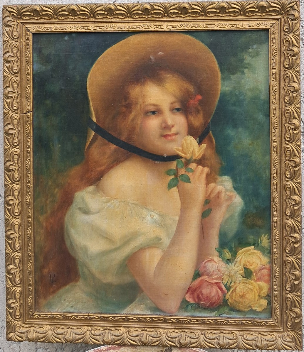 Art Nouveau Portrait Painting Of An Elegant Blonde/redheaded Young Girl With Roses And Flowers,