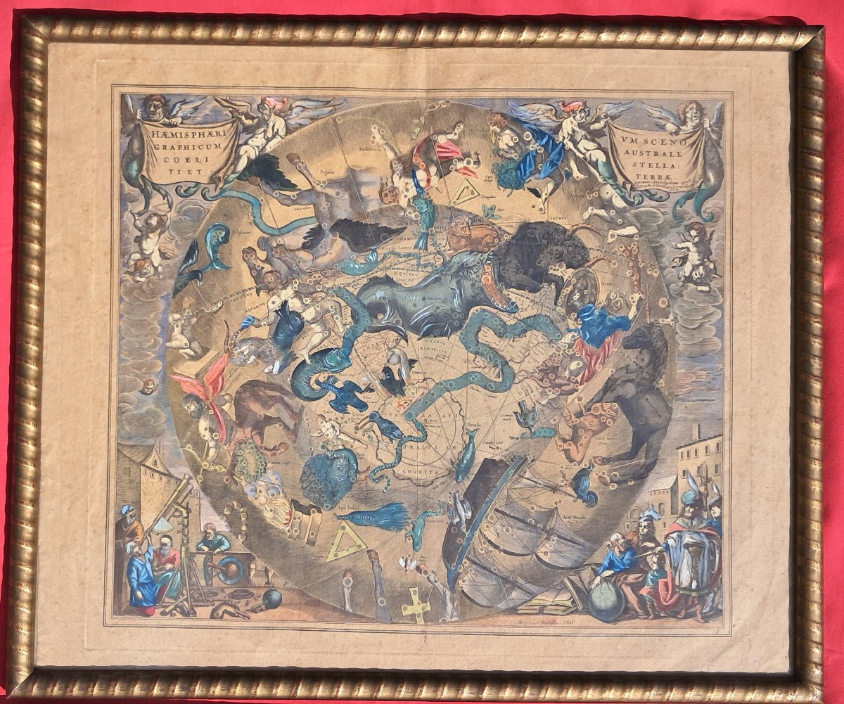 Paire de cartes Gravures XVIIe aquarelle HONDIUS zodiaque Astronomie baroque planète mythologie-photo-2