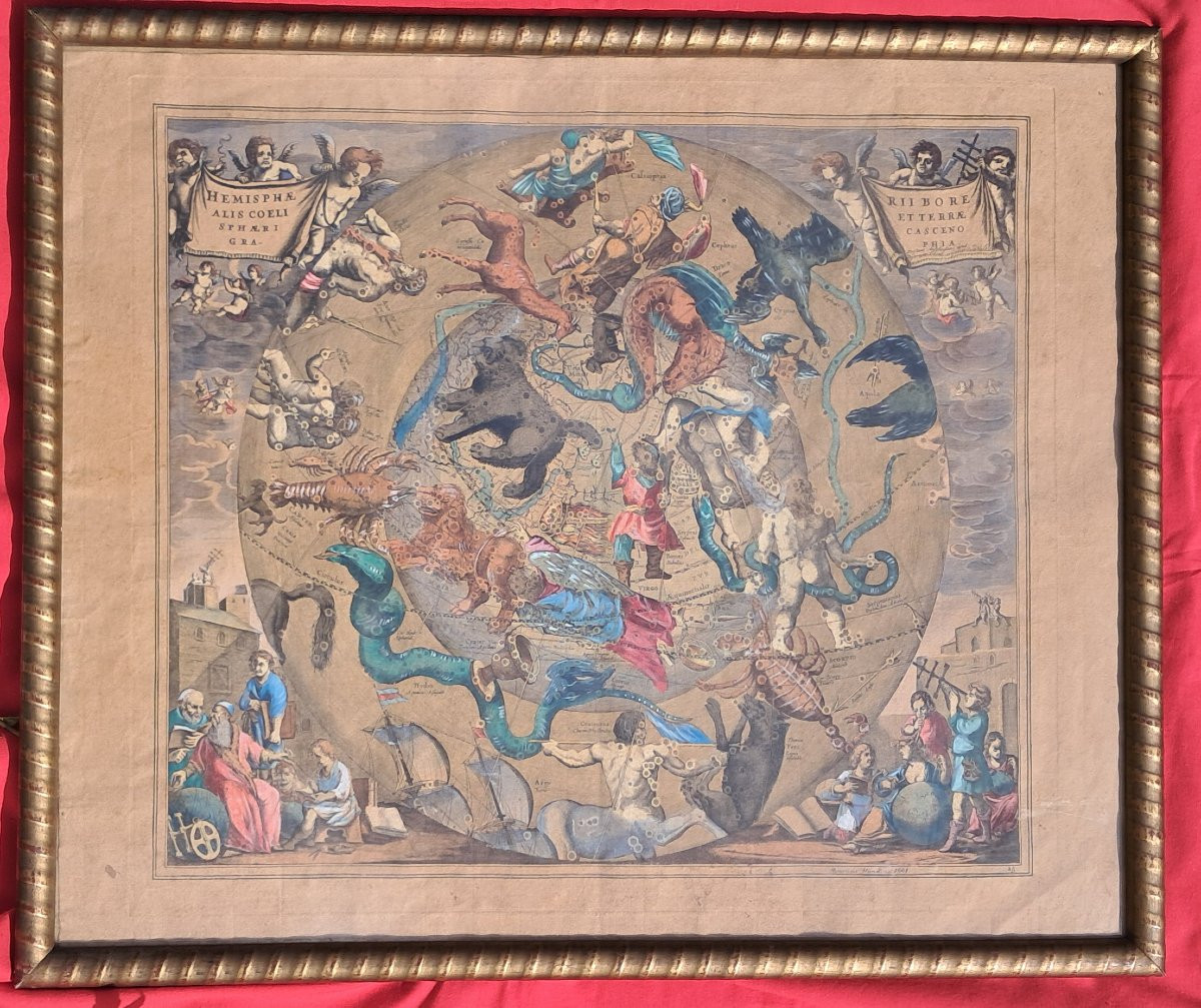 Paire de cartes Gravures XVIIe aquarelle HONDIUS zodiaque Astronomie baroque planète mythologie-photo-3