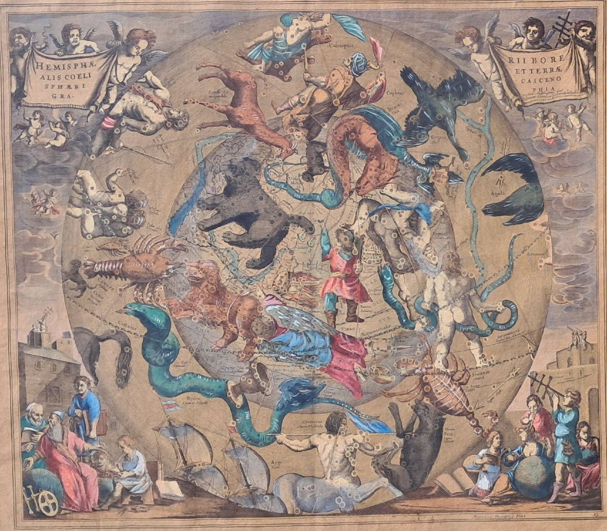 Paire de cartes Gravures XVIIe aquarelle HONDIUS zodiaque Astronomie baroque planète mythologie-photo-1