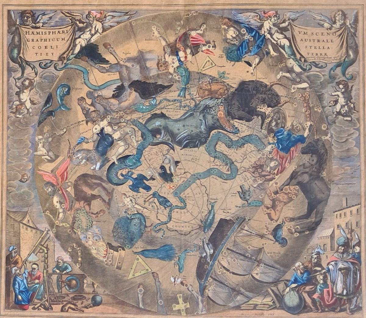 Paire de cartes Gravures XVIIe aquarelle HONDIUS zodiaque Astronomie baroque planète mythologie-photo-2