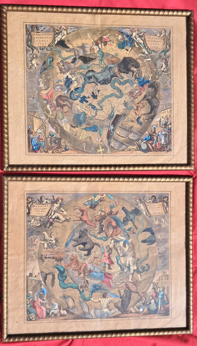 Paire de cartes Gravures XVIIe aquarelle HONDIUS zodiaque Astronomie baroque planète mythologie-photo-4
