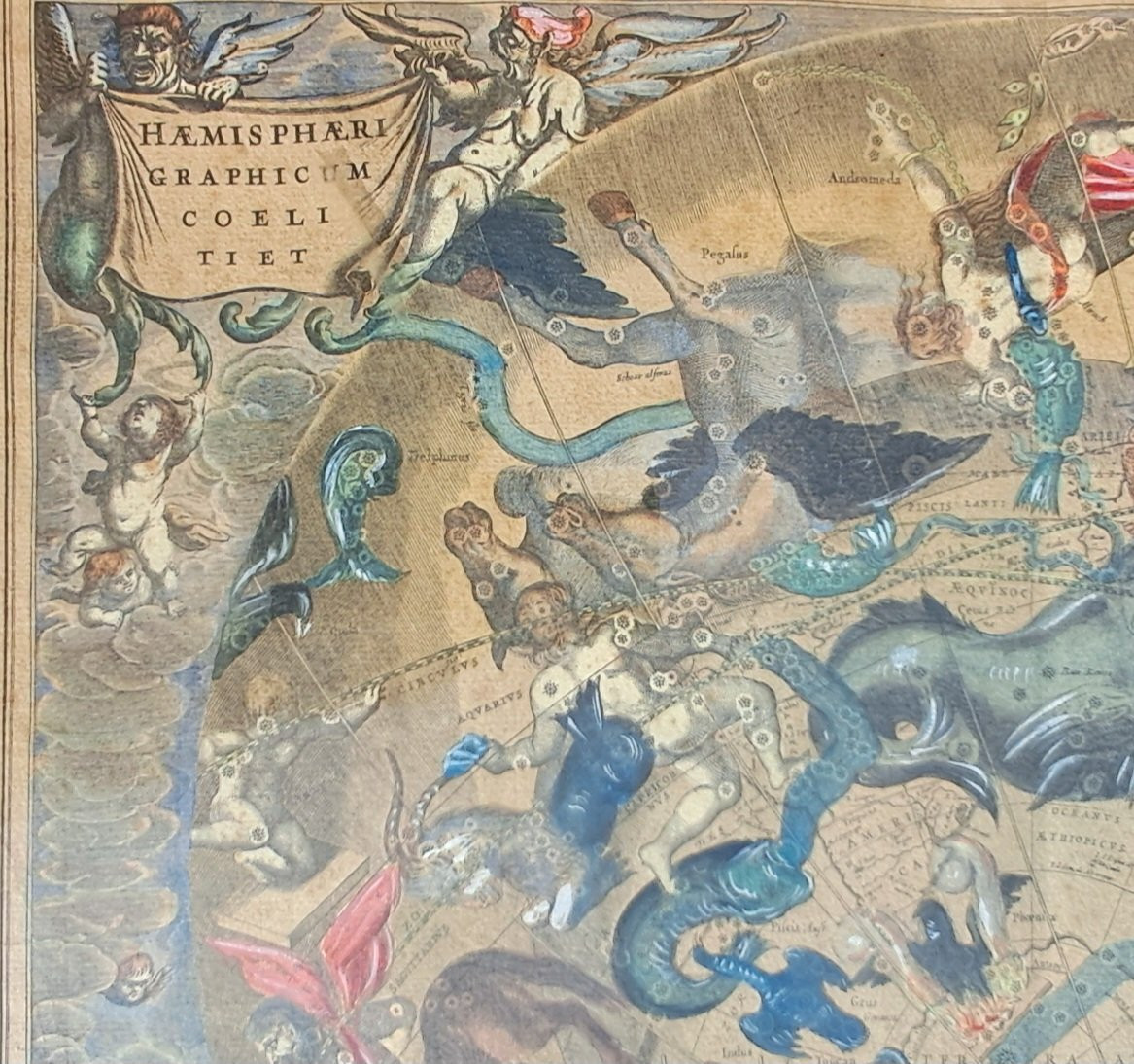 Paire de cartes Gravures XVIIe aquarelle HONDIUS zodiaque Astronomie baroque planète mythologie-photo-5