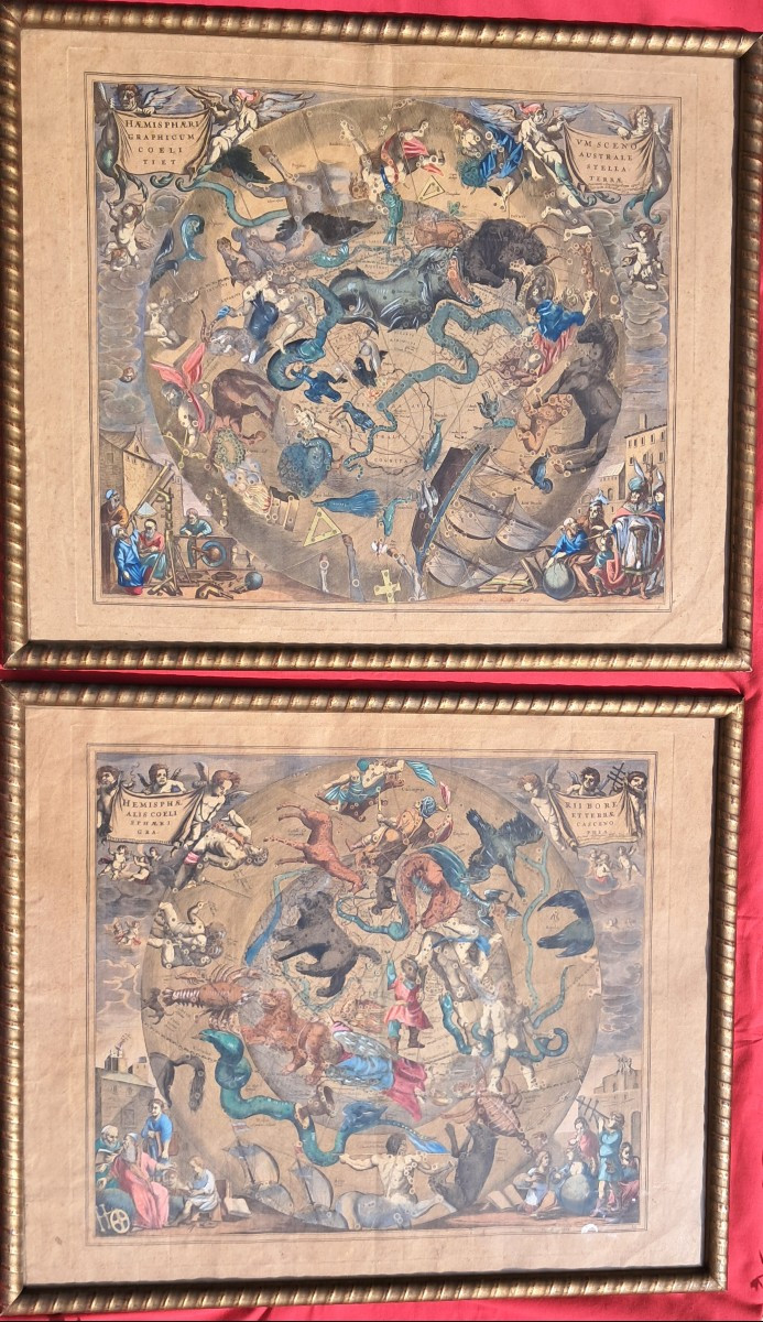 Paire de cartes Gravures XVIIe aquarelle HONDIUS zodiaque Astronomie baroque planète mythologie