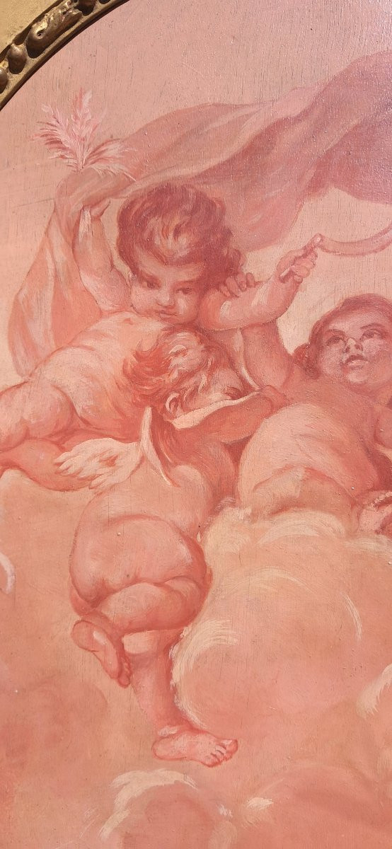 Tableau ovale Louis XV François Boucher Putti Angelot XVIIIe XIXe Napoléon III rose allégorie -photo-2