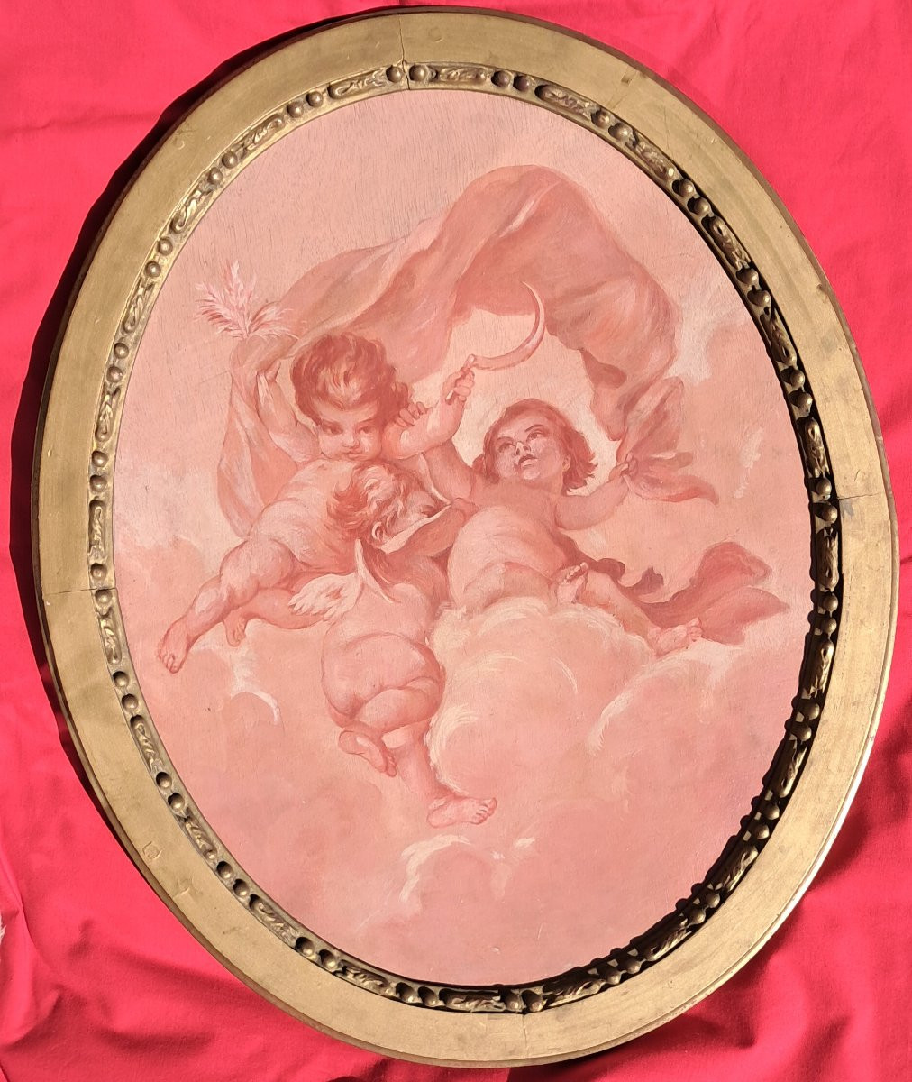 Tableau ovale Louis XV François Boucher Putti Angelot XVIIIe XIXe Napoléon III rose allégorie -photo-4