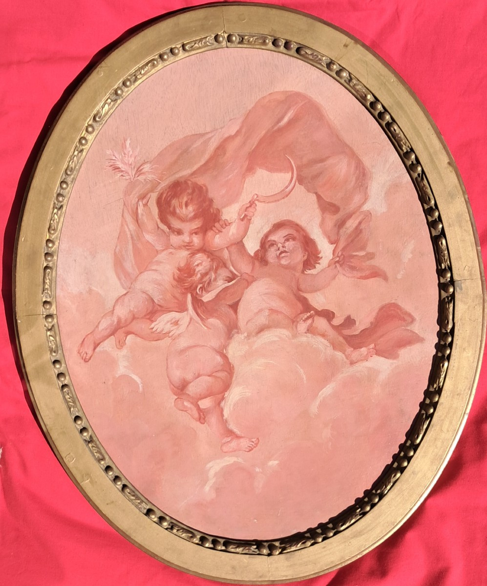 Tableau ovale Louis XV François Boucher Putti Angelot XVIIIe XIXe Napoléon III rose allégorie 