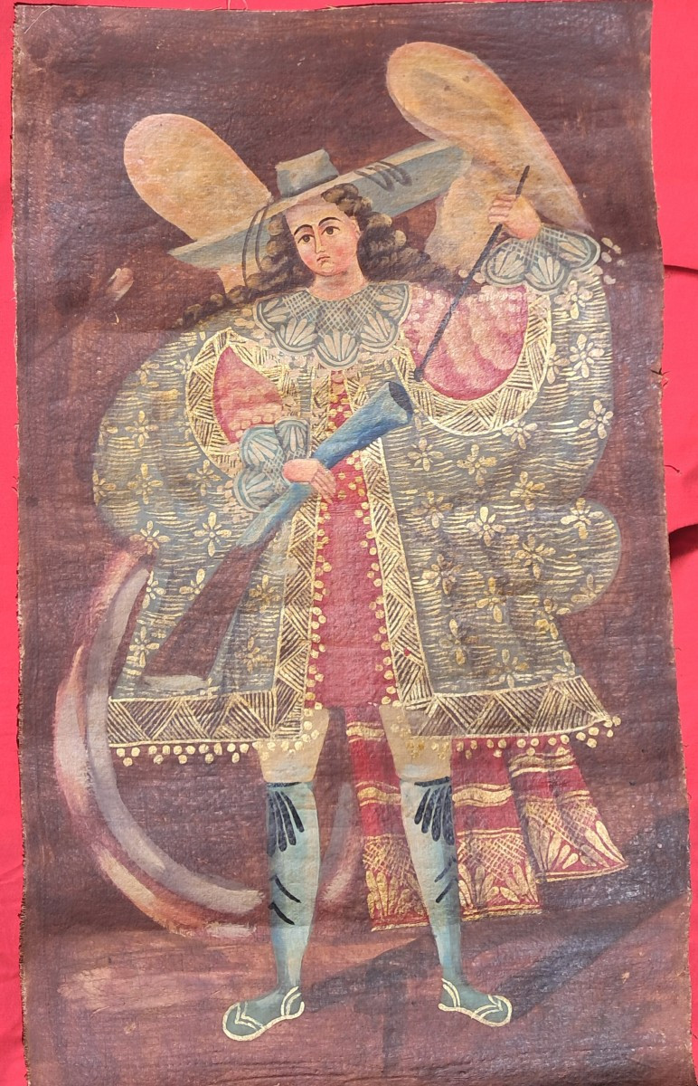 Painting School Of Cuzco Peru Angel Arquebusier Catholic Baroque Gold Inca Andes Bolivia Ecuador
