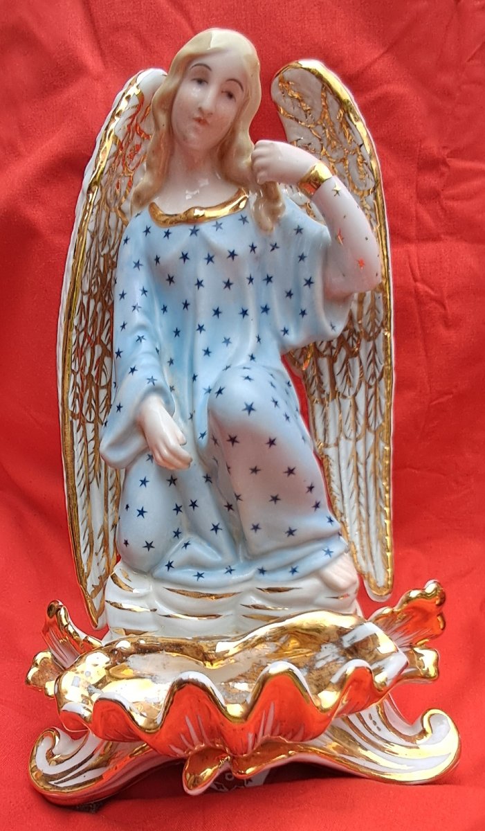 Pair Of Jacob Petit Holy-water Fonts Porcelain Angel 19th Century Gilded Gold Religion Charles X 19th Century-photo-2