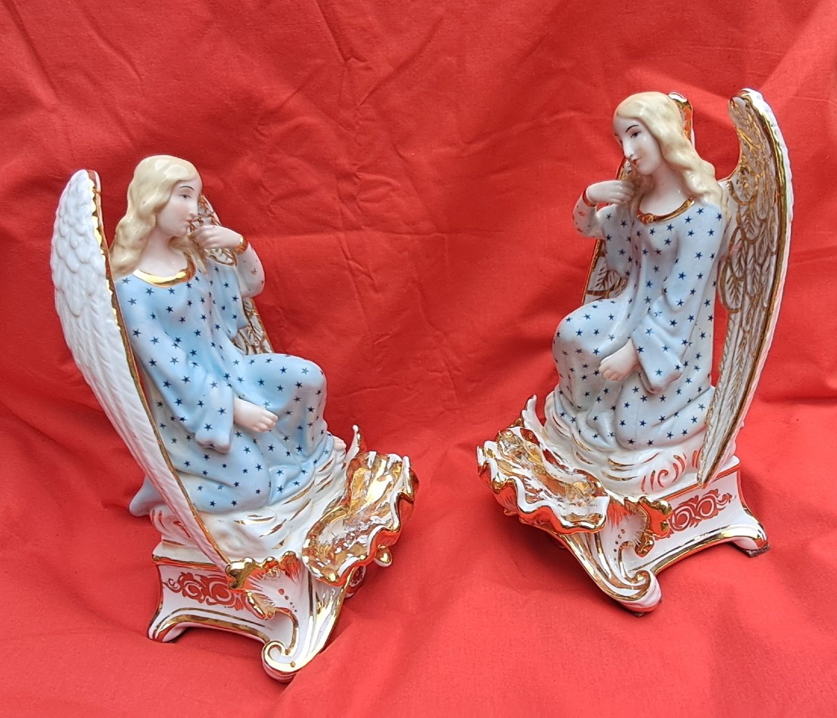 Pair Of Jacob Petit Holy-water Fonts Porcelain Angel 19th Century Gilded Gold Religion Charles X 19th Century-photo-3