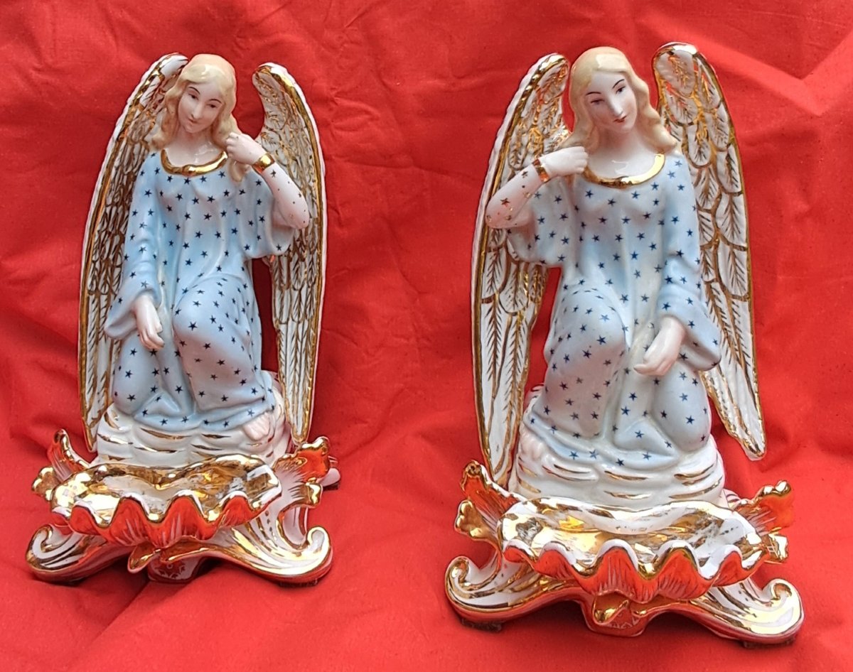 Pair Of Jacob Petit Holy-water Fonts Porcelain Angel 19th Century Gilded Gold Religion Charles X 19th Century