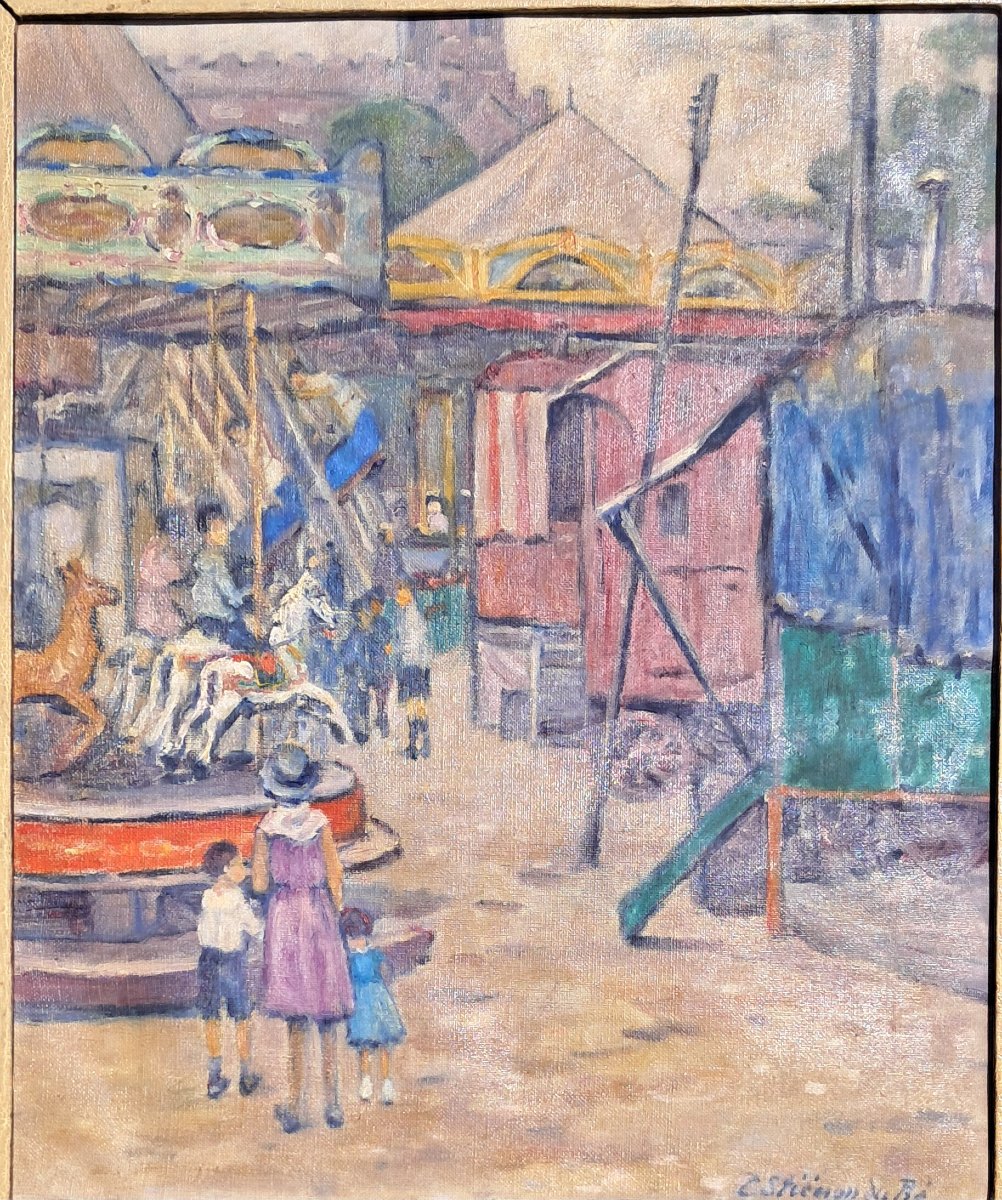 Belgique Painting By Caroline Stienon Du Pré Circa 1920-1930 Dépiting A Fairground With Child-photo-2