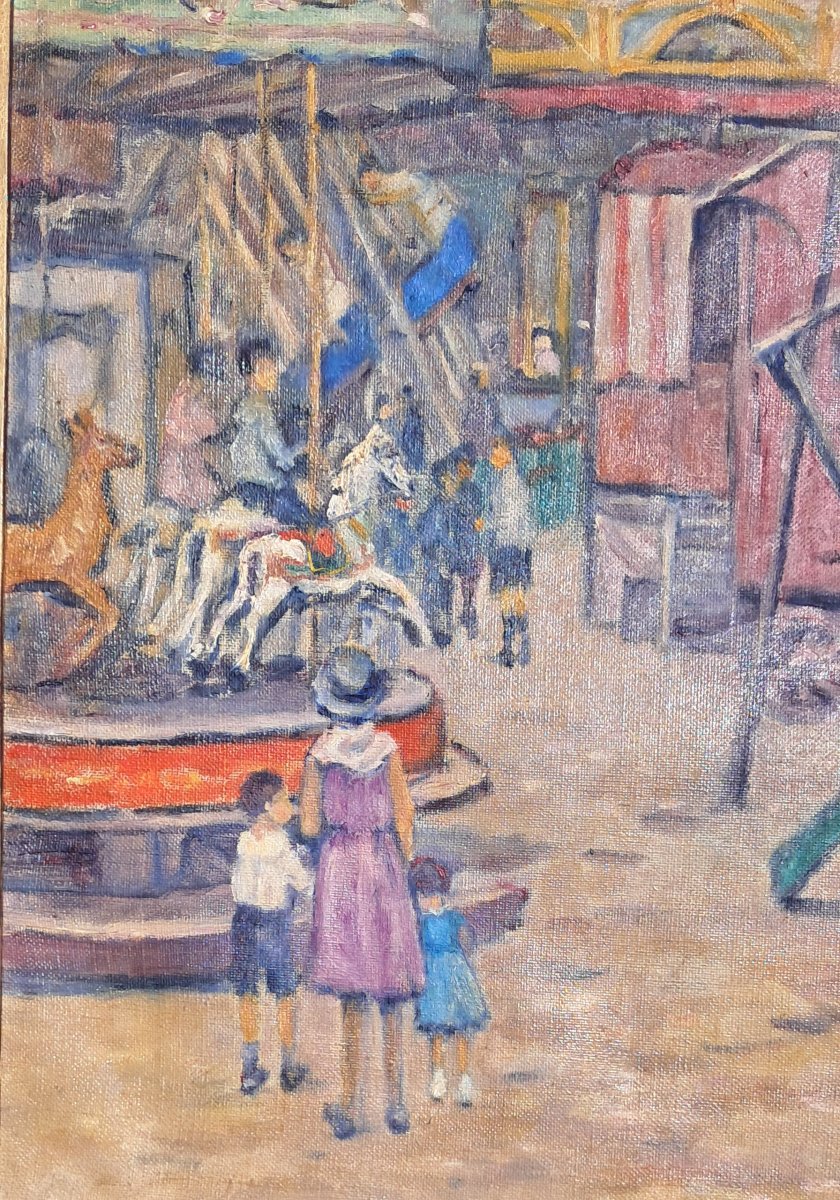 Belgique Painting By Caroline Stienon Du Pré Circa 1920-1930 Dépiting A Fairground With Child-photo-1