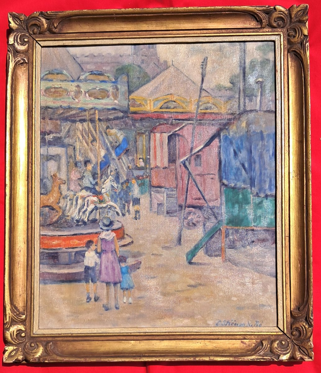 Belgique Painting By Caroline Stienon Du Pré Circa 1920-1930 Dépiting A Fairground With Child