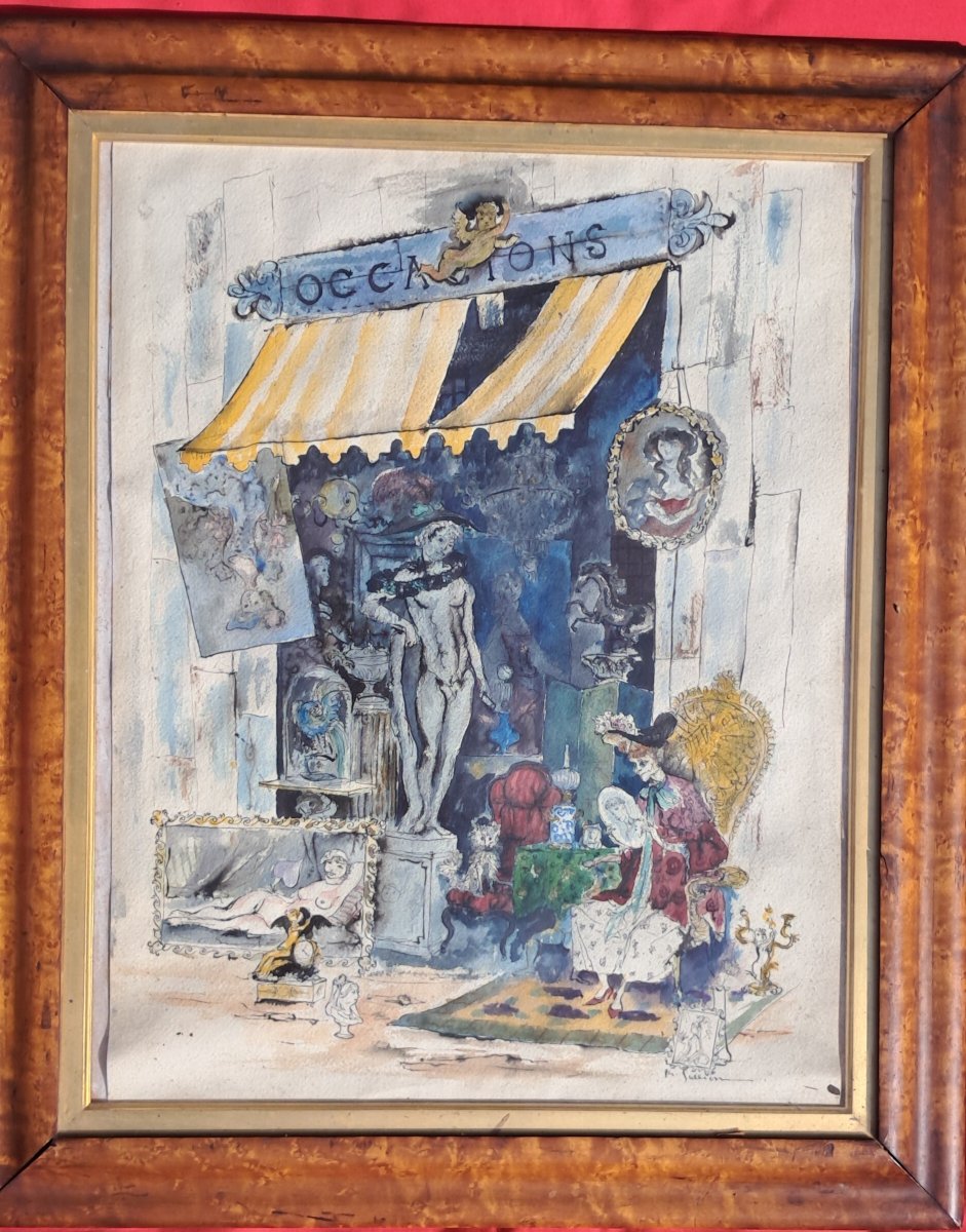 Wathercolor Of The French Painter Philippe Jullian Antiques Shop-photo-2