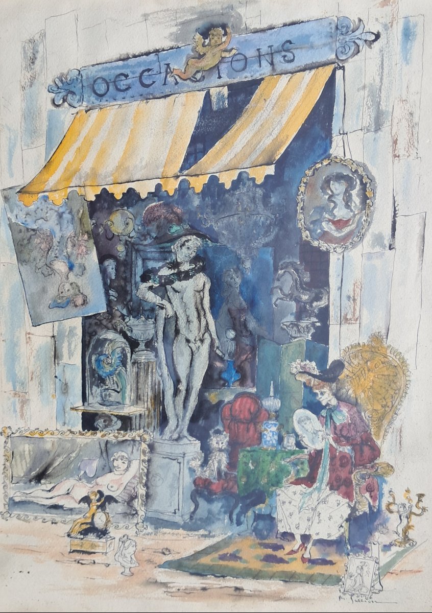 Wathercolor Of The French Painter Philippe Jullian Antiques Shop-photo-1