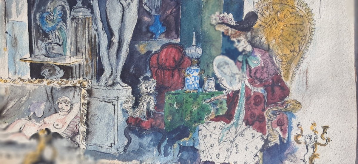Wathercolor Of The French Painter Philippe Jullian Antiques Shop-photo-2