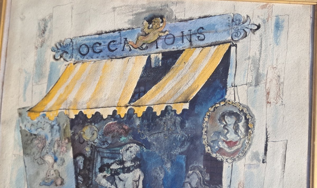 Wathercolor Of The French Painter Philippe Jullian Antiques Shop-photo-3