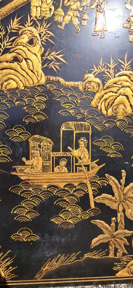 Grande laque CHINE noir et or COROMANDEL doré Palais Chinois Asie Asiatique Lettrés impérial -photo-4
