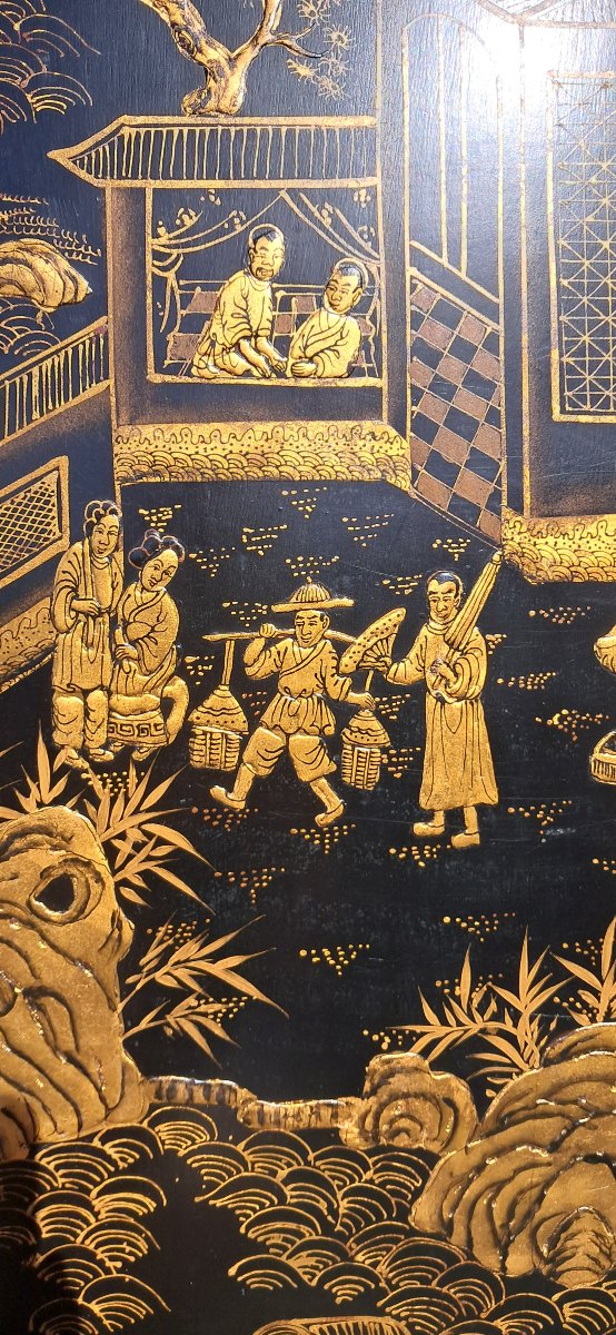 Grande laque CHINE noir et or COROMANDEL doré Palais Chinois Asie Asiatique Lettrés impérial -photo-2