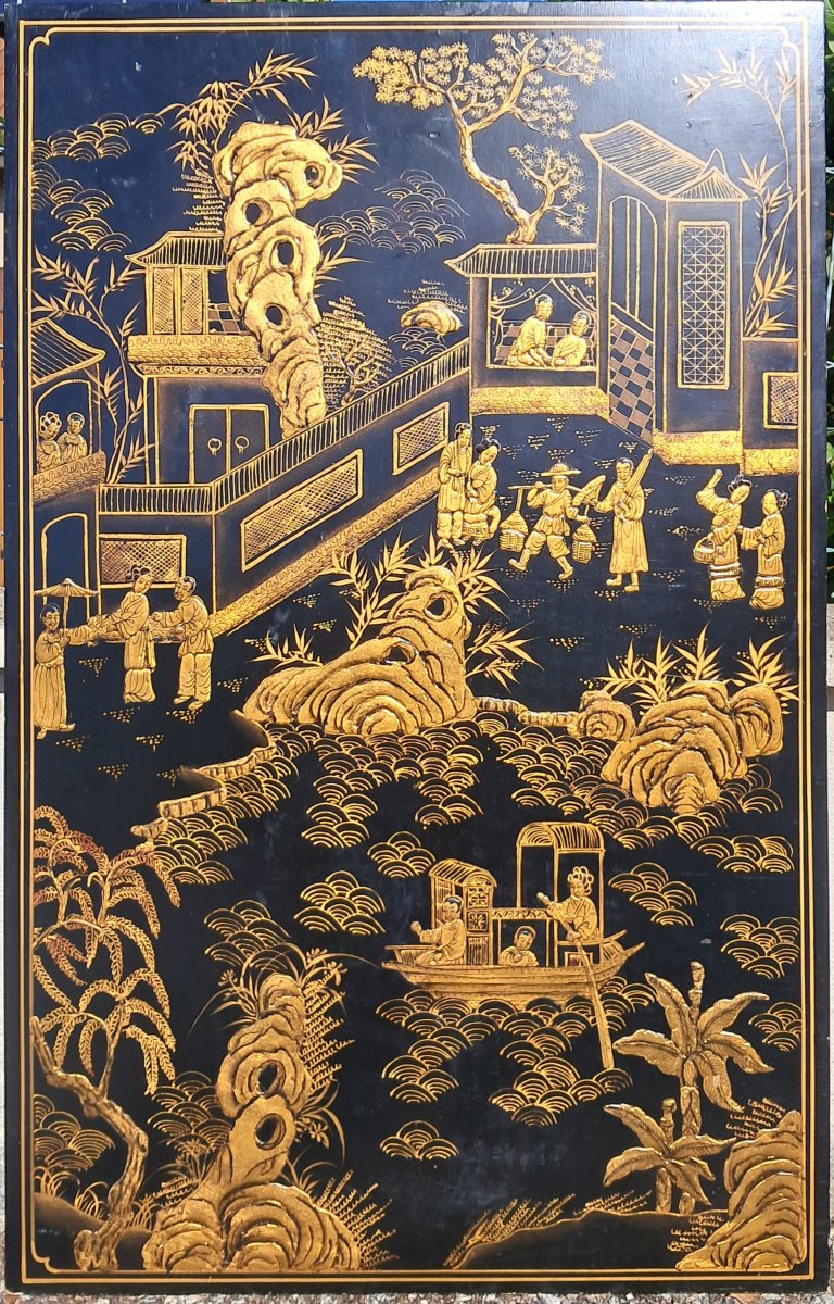 Grande laque CHINE noir et or COROMANDEL doré Palais Chinois Asie Asiatique Lettrés impérial 
