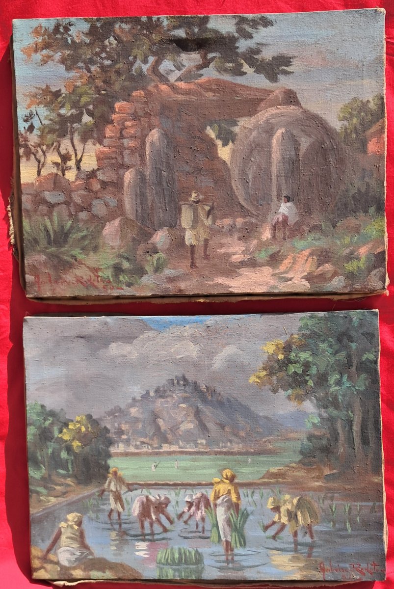 2 Paintings: Madagascar, Amboise Rakoto On Canvas, Malgache, Tananarive, Exoticism, Pair, 1950