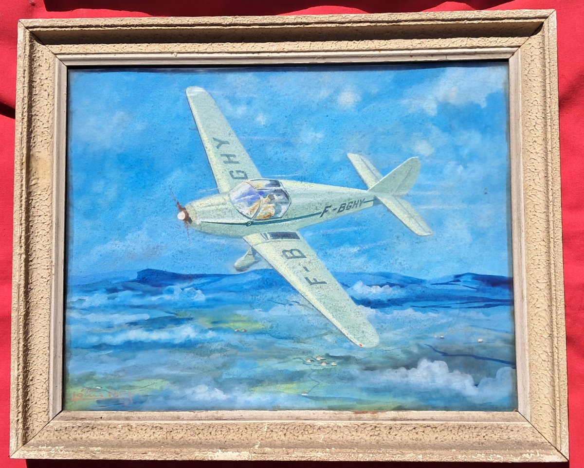 Pair Of Gouache Paintings: Airplane, Aviation, Louis Petit, Sipa, Piper Club, Air Force, Aeronautics, Space -photo-2