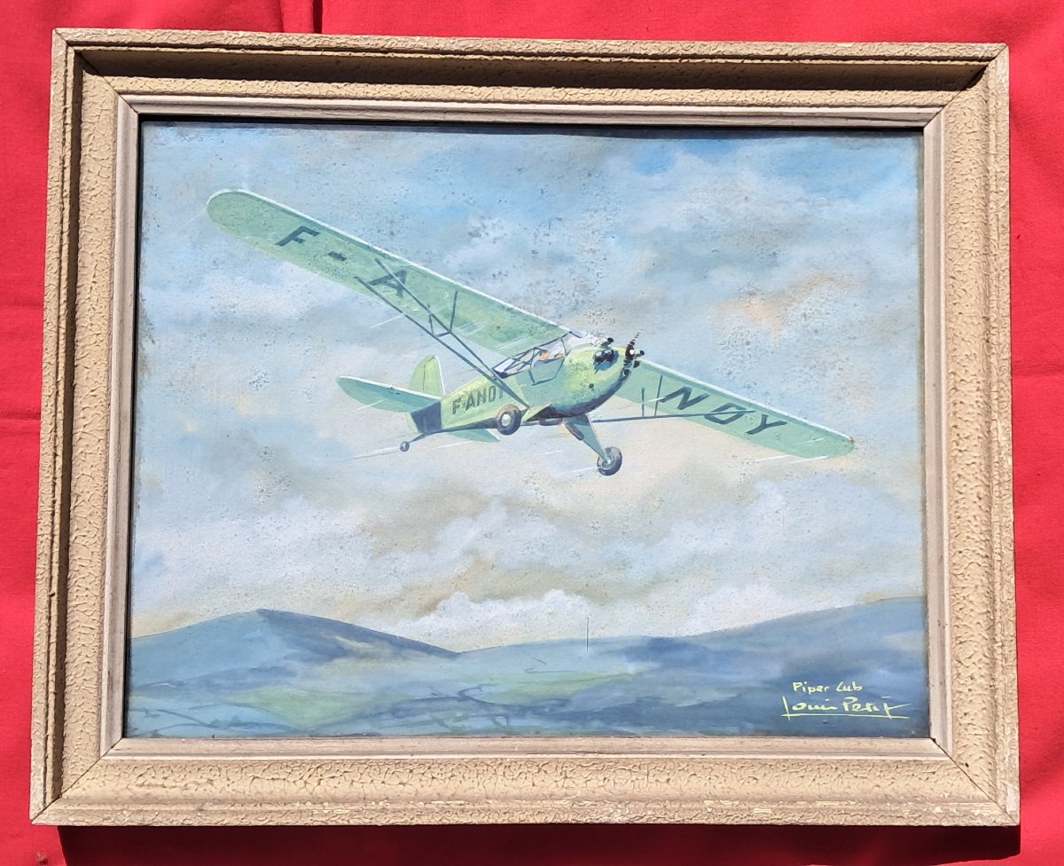 Pair Of Gouache Paintings: Airplane, Aviation, Louis Petit, Sipa, Piper Club, Air Force, Aeronautics, Space -photo-3