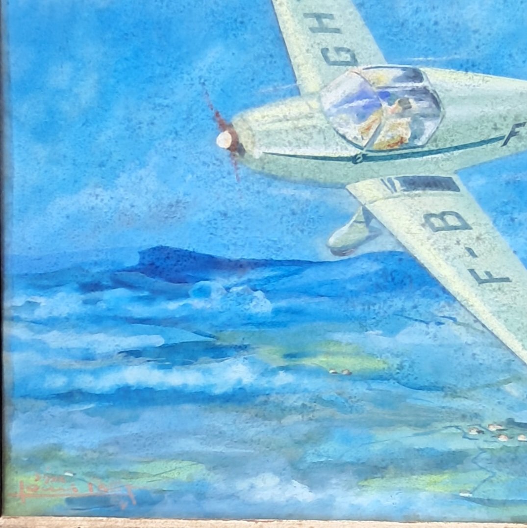 Pair Of Gouache Paintings: Airplane, Aviation, Louis Petit, Sipa, Piper Club, Air Force, Aeronautics, Space -photo-1