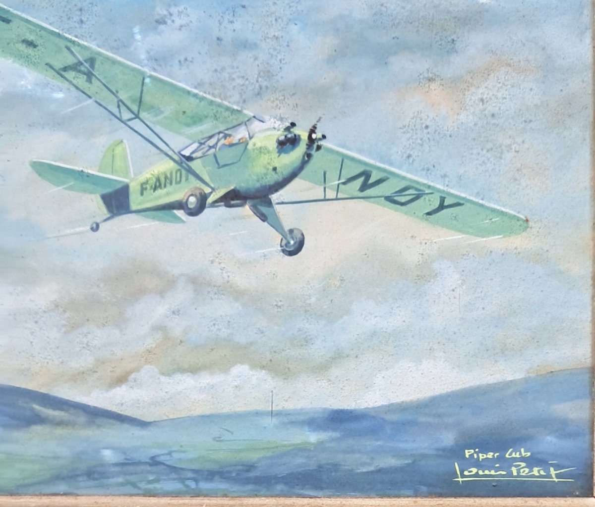 Pair Of Gouache Paintings: Airplane, Aviation, Louis Petit, Sipa, Piper Club, Air Force, Aeronautics, Space -photo-2