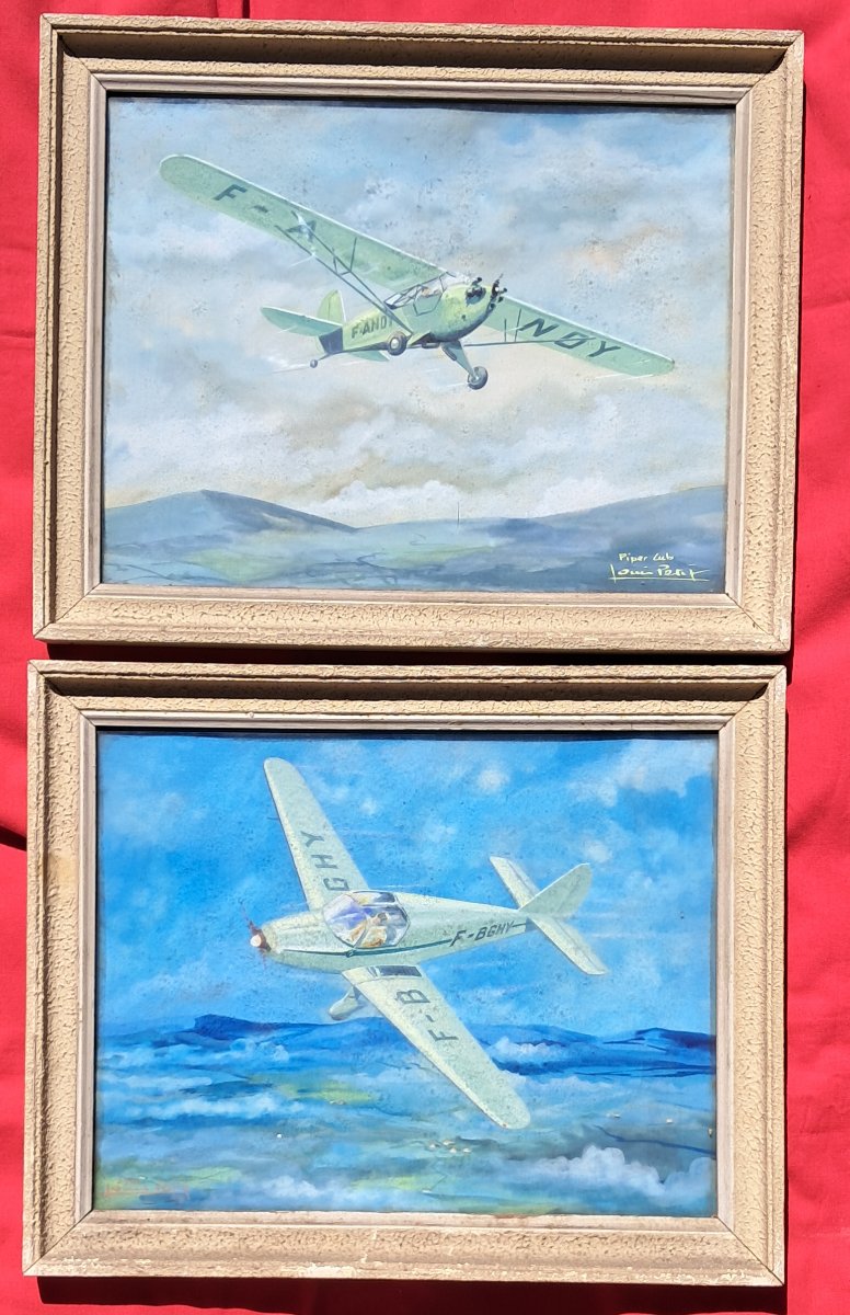 Pair Of Gouache Paintings: Airplane, Aviation, Louis Petit, Sipa, Piper Club, Air Force, Aeronautics, Space 