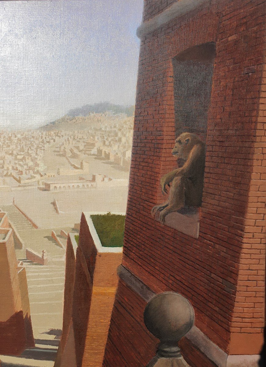 Large Oil On Canvas In "trompe l'Oeil" Of The Painter Fabio Rieti XXth The Monkeys-photo-3