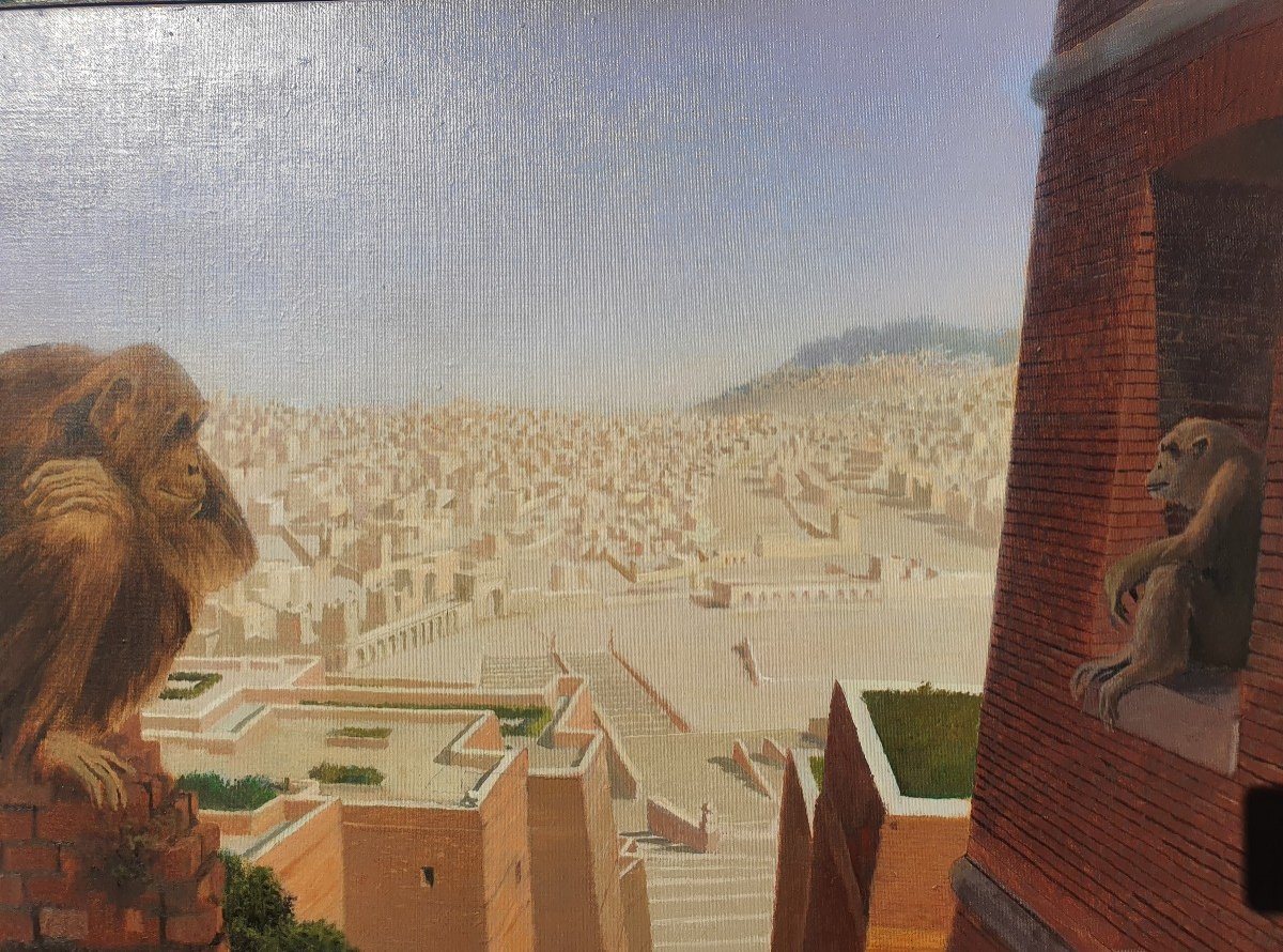 Grande Huile Sur Toile En Trompe L’oeil Du Peintre Fabio Rieti XXe Les Singes-photo-1