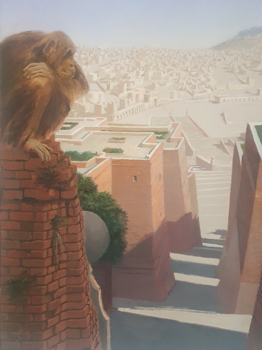 Grande Huile Sur Toile En Trompe L’oeil Du Peintre Fabio Rieti XXe Les Singes-photo-2