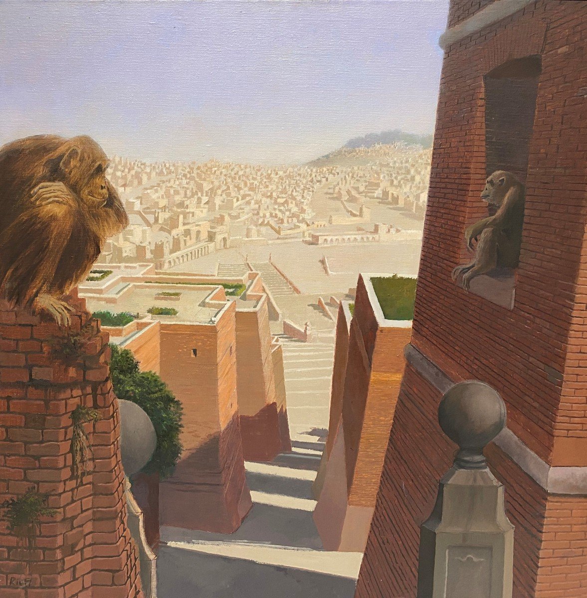 Large Oil On Canvas In "trompe l'Oeil" Of The Painter Fabio Rieti XXth The Monkeys