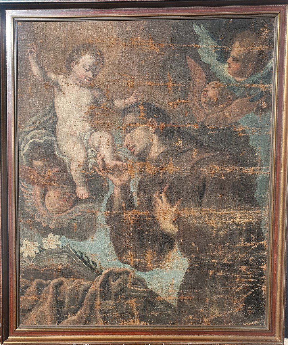 Grande Huile Sur Toile Du XVIIe Saint Antoine De Padoue, Tableau Religieux